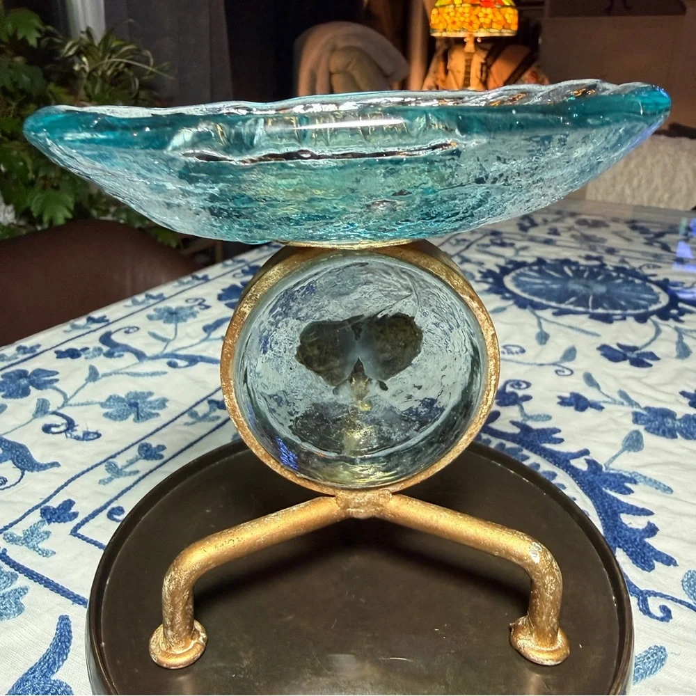 VTG  Art nouveau Brass Ornate Stand with Blue Glass & Elephant MCM Soap Dish EUC